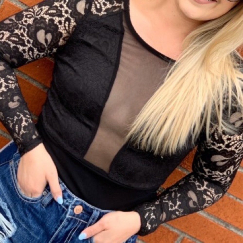 Long-Sleeve Black Lace/Mesh Bodysuit